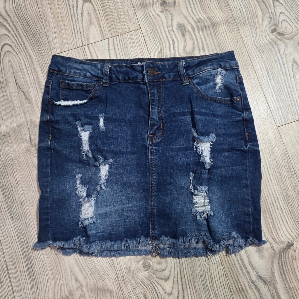 Wax Jeans Distressed Denim Mini Skirt Dark Wash- Size Large